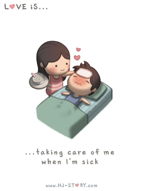 a couple sitting on top of a bed with the caption love is taking care of me when i'm sick