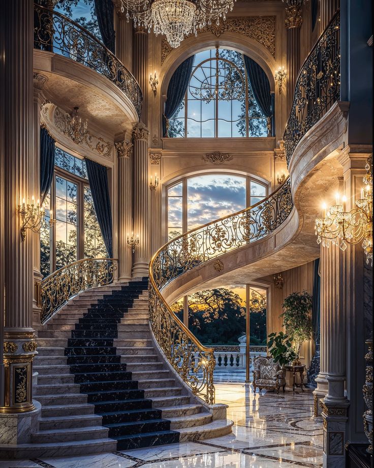 a grand staircase with chandelier and marble floors