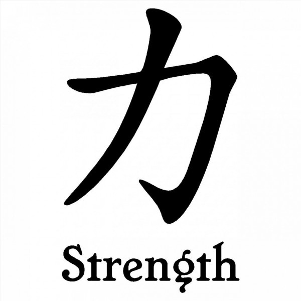 a sign with the word strength written in black and white ink on a beige background