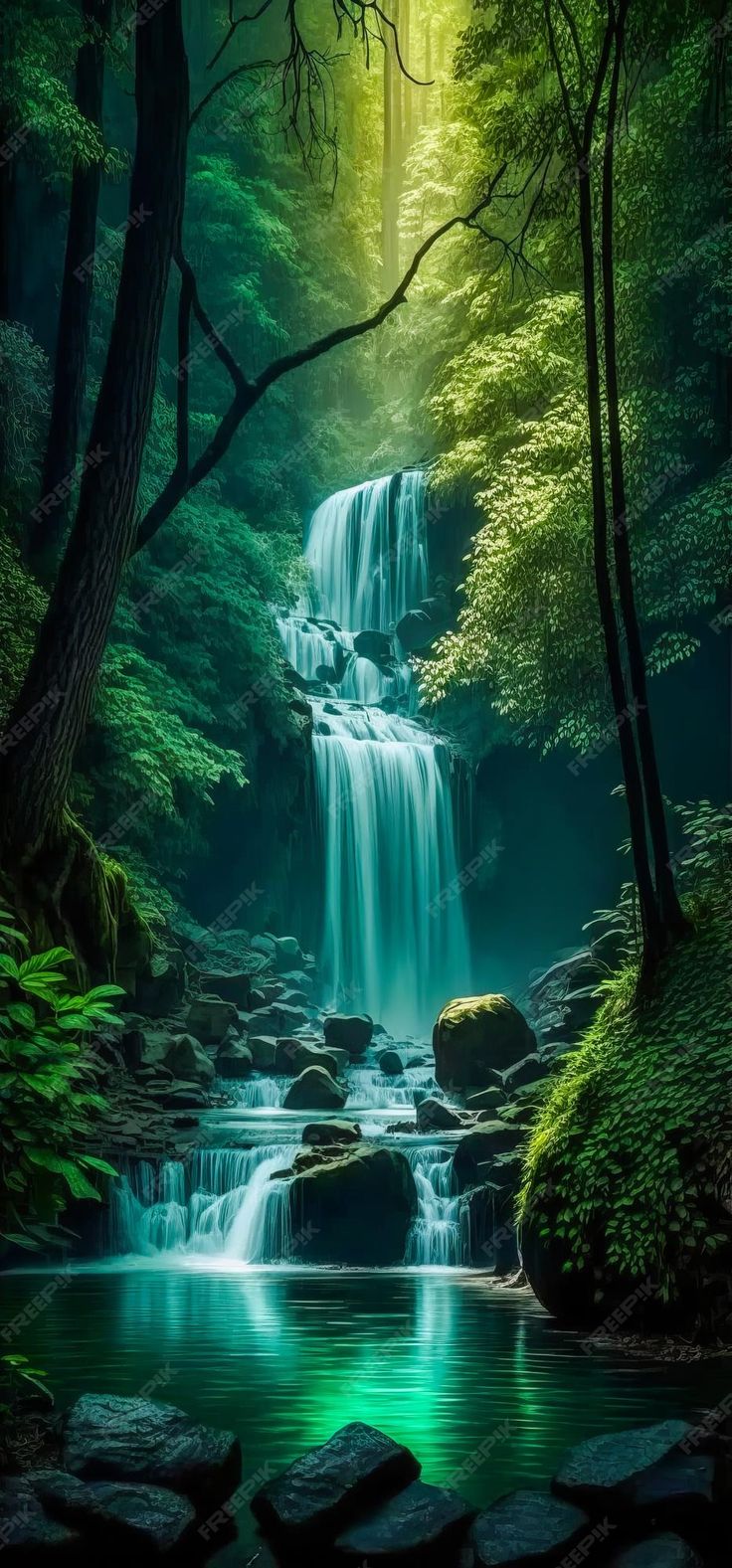 a waterfall in the middle of a forest filled with green trees and rocks, surrounded by lush