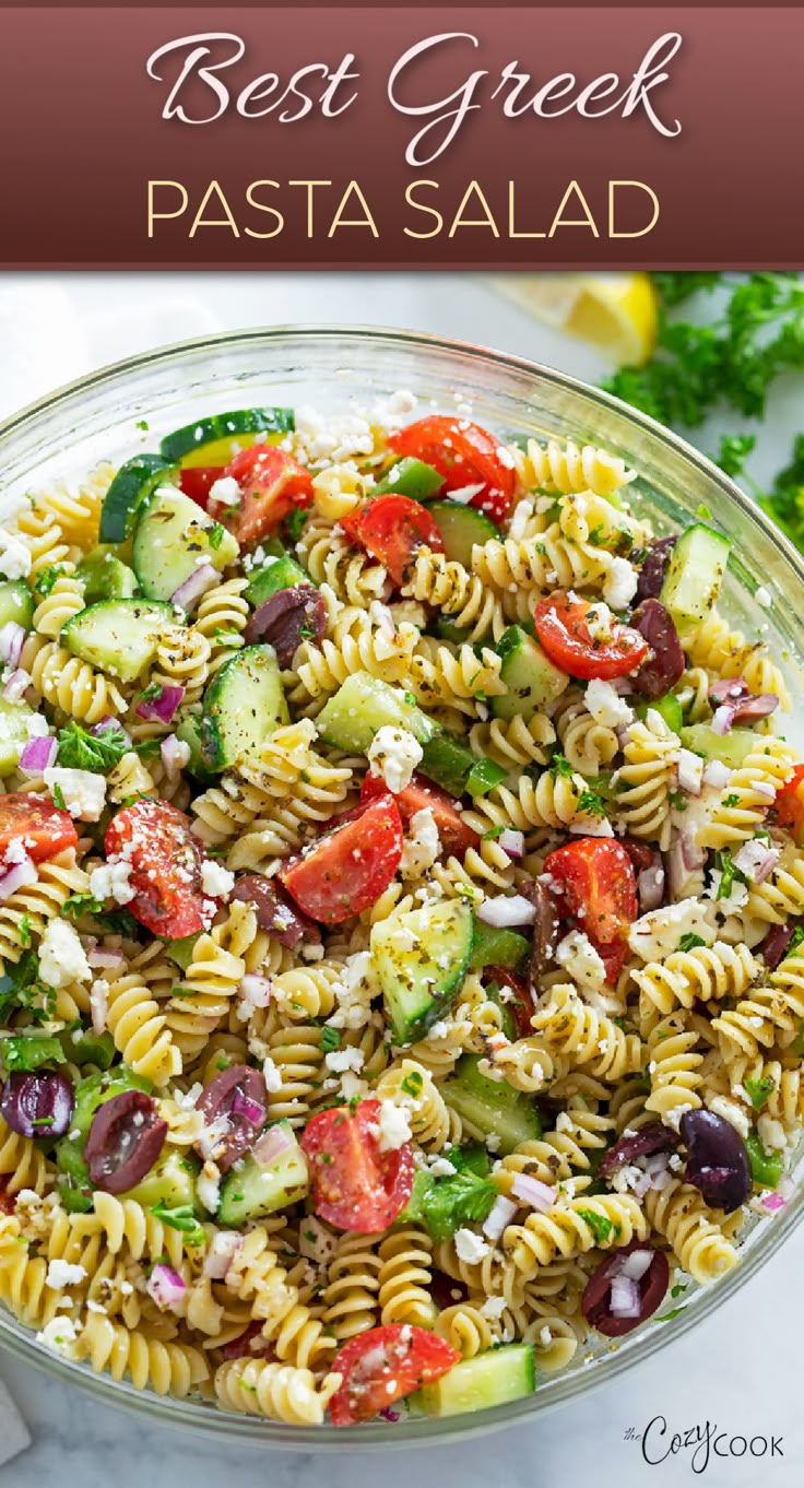 greek pasta salad Pasta In Salad, Feta Cheese Pasta Salad, Easy Cold Pasta Salad Recipes Simple Italian Dressing, Best Pasta Salad Dressing, Pasta Salad Feta, Tzatziki Pasta Salad, Pasta Salad Lunch, Greek Pasta Salad Dressing, Club Pasta Salad