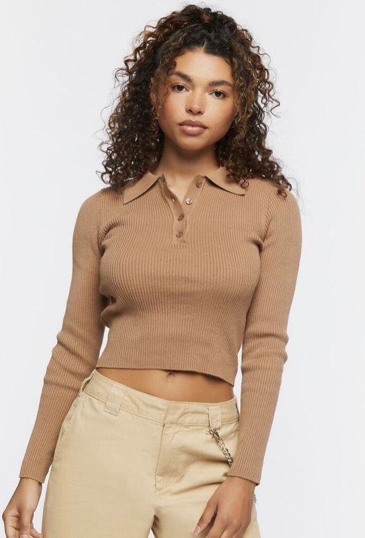 price: $16.09 Trendy Fitted Polo Sweater With Ribbed Collar, Trendy Collared Cotton Sweater, Winter Ribbed Cotton Crop Top, Trendy Ribbed Polo Sweater For Fall, Long Sleeve Ribbed Cotton Crop Top, Cotton Polo Sweater With Collared Neckline For Fall, Fall Tops With Ribbed Cuffs And Collared Neckline, Casual Ribbed Polo Sweater With Collared Neckline, Winter Cropped Tops With Ribbed Collar