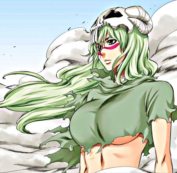 a woman with green hair and glasses standing in front of clouds