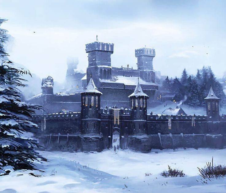 a castle in the middle of a snowy forest