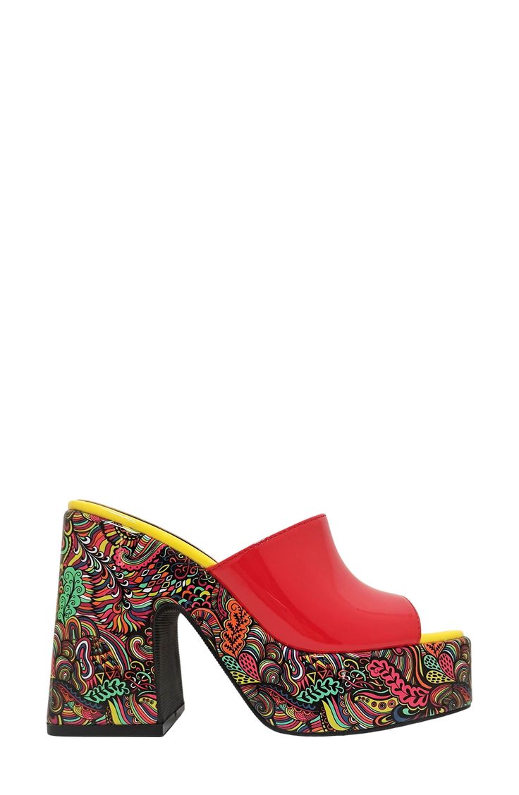 A boldly printed platform and heel energizes this slide sandal finished with a glossy top strap. 4 1/2" heel; 1 1/2" platform Synthetic upper, lining and sole Imported Multicolor Platform Clogs For Summer, Retro Red Sandals For Spring, Bold Red Sandals For Summer, Colorful Platform Sandals, Bold High Heel Synthetic Sandals, Bold Platform Wedge Heel Sandals, Summer Open Toe Patent Leather Slides, Bold Synthetic Open Toe Sandals, Bold Open Toe Synthetic Sandals