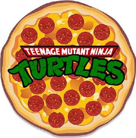 the teenage mutant ninja logo is on top of a pizza with pepperoni and cheese