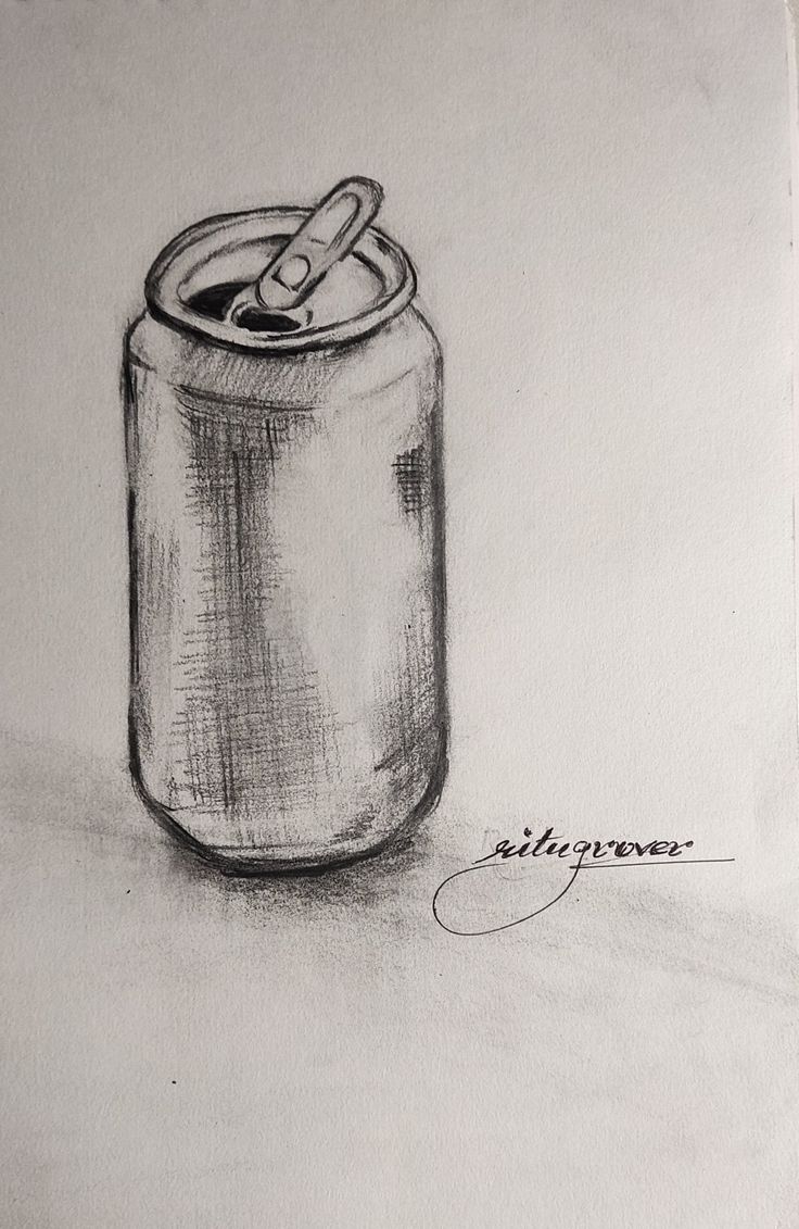 a pencil drawing of a can with a lid on the side and writing underneath it