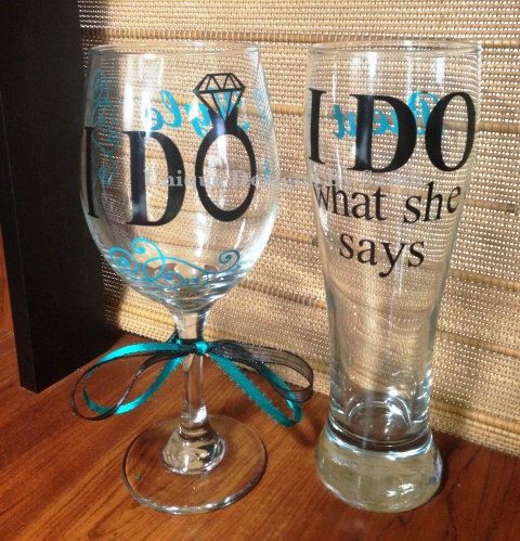 two wine glasses with the words do what she says on them