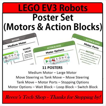 lego poster set motors and action blocks with instructions to make them look like they are moving