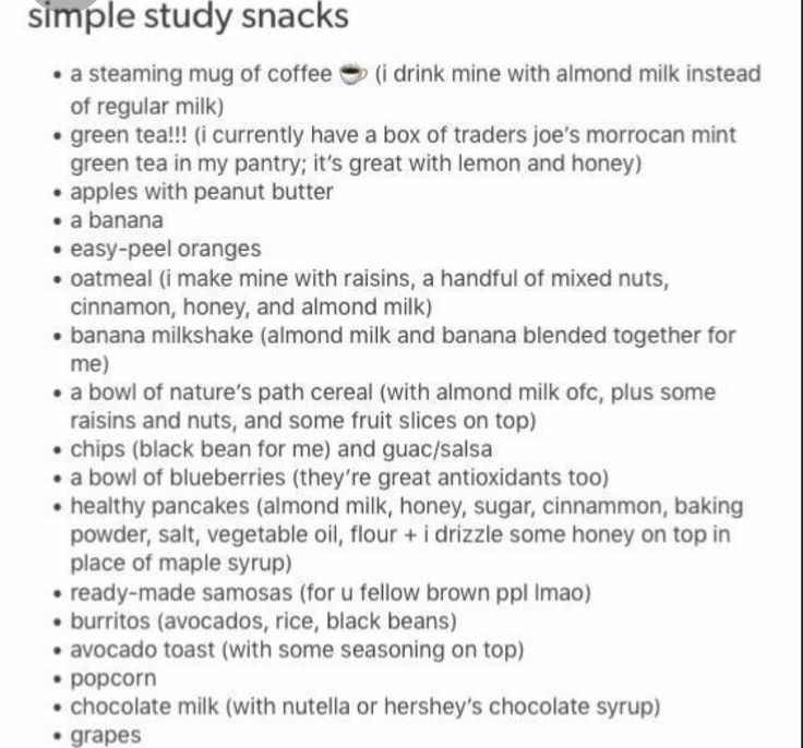 a table with some food items on top of it, and the words simple study snacks