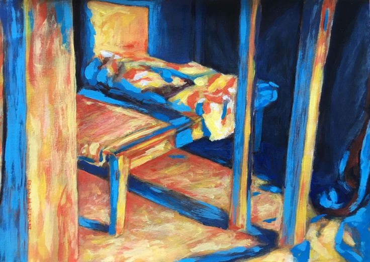 an oil painting of a bed in a room with blue walls and yellow flooring