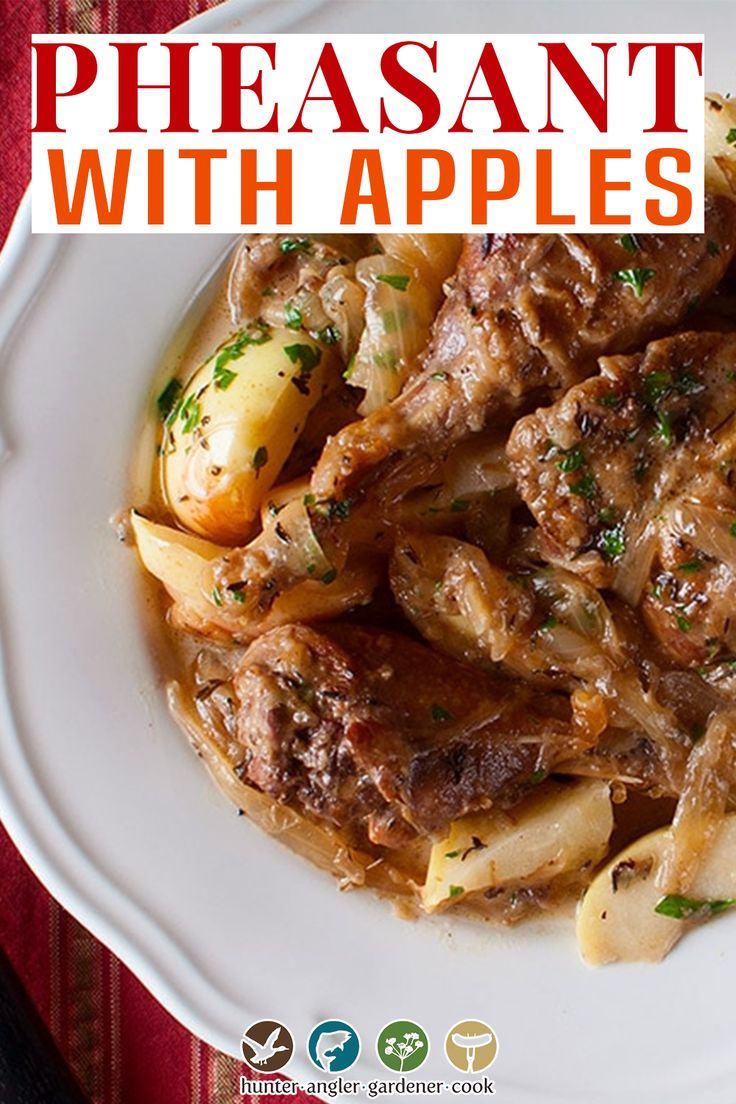 a white plate topped with pasta and meat covered in gravy on top of a red table cloth