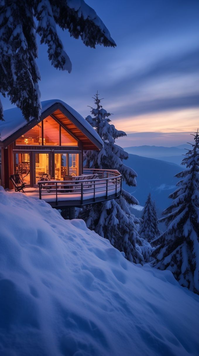 a cabin in the mountains at night with snow on the ground and trees around it