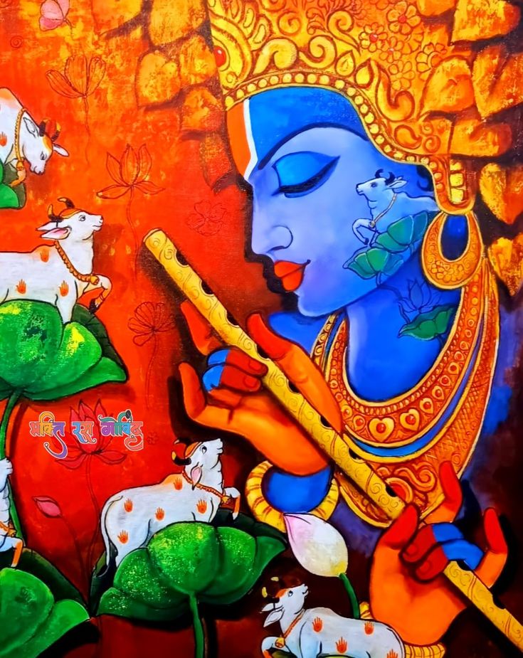 an oil painting of lord ganesha playing the flute with his cattles in front of him