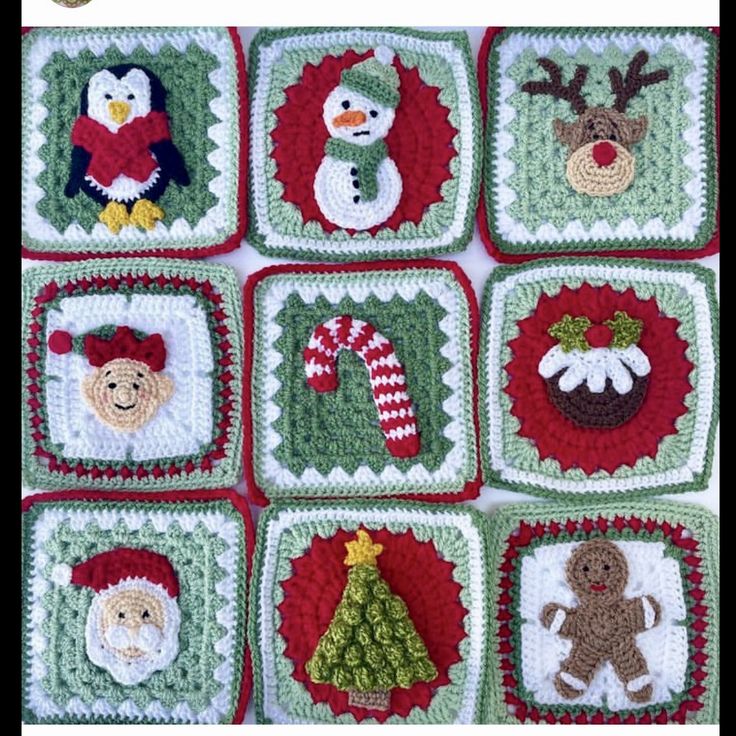 crocheted christmas squares with snowman, penguin, santa clause and other holiday related items