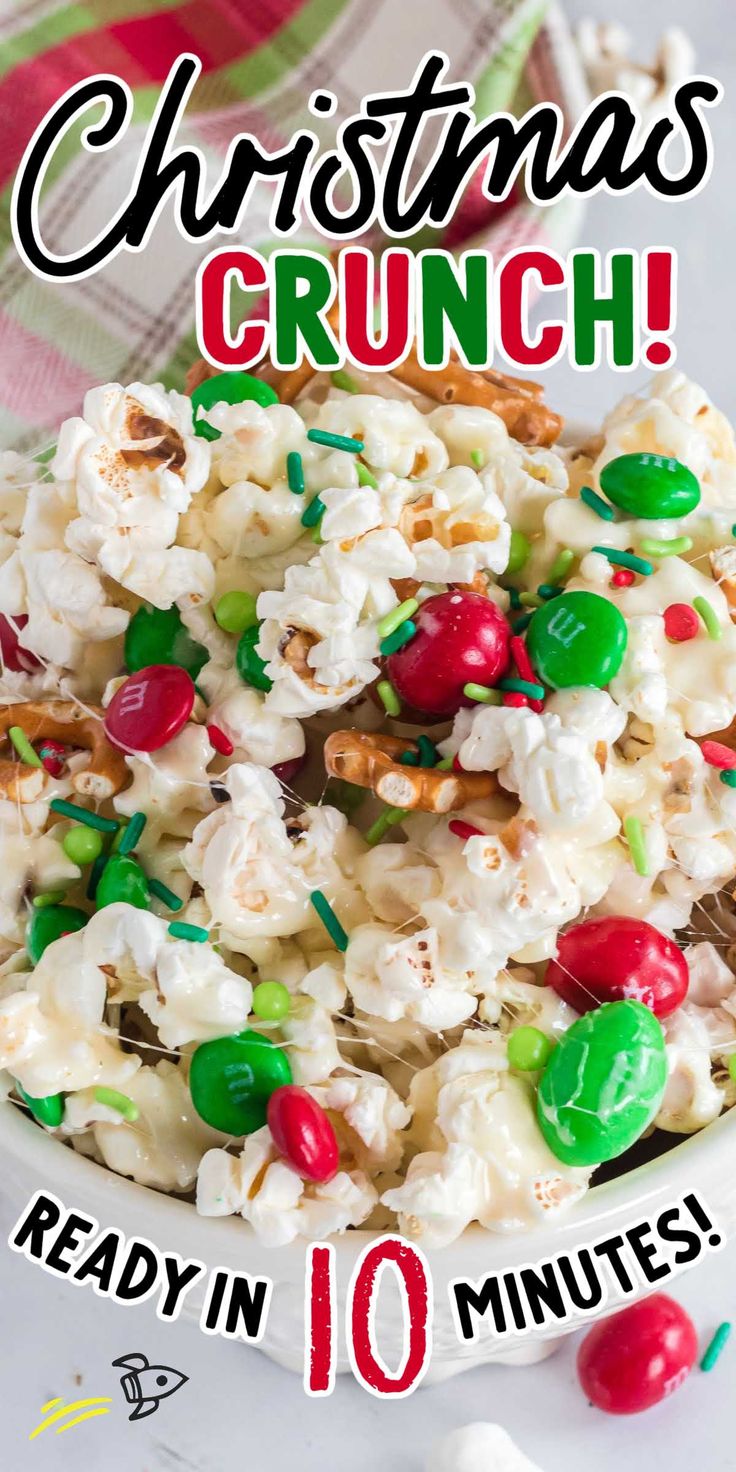 a white bowl filled with christmas crunch popcorn