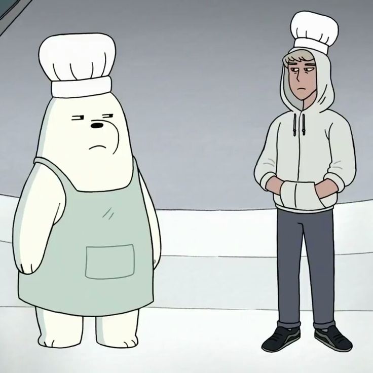 a man standing next to a cartoon character wearing a chef's hat and an apron