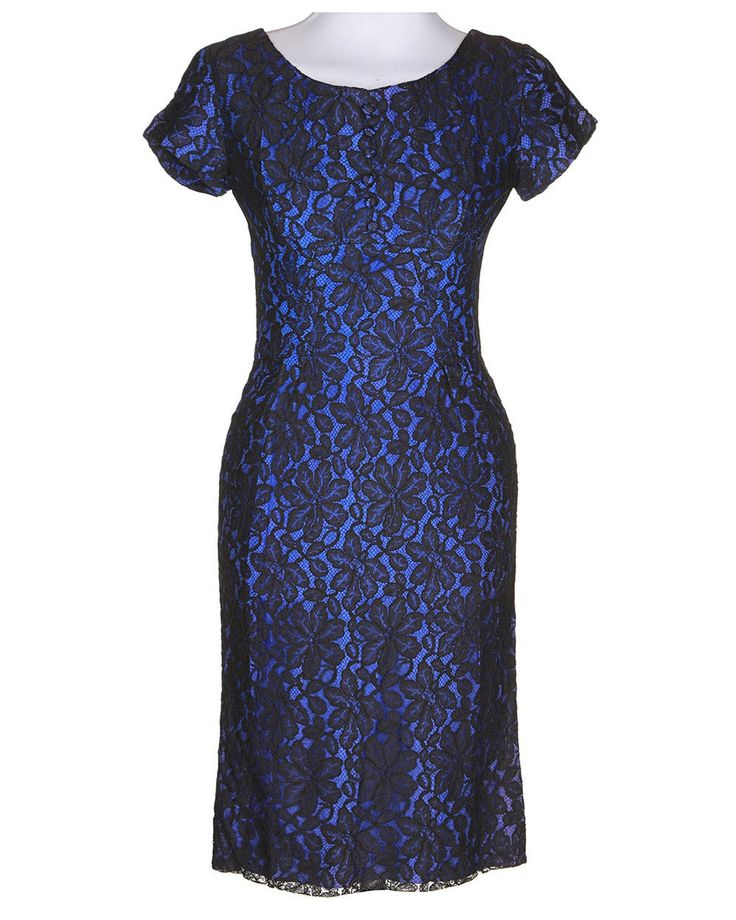 Stunning original 1950s dress in midnight blue with black lace overlay across the chest and covered button detail.   The classic 50s pencil dress radiates vintage glamour and style. Comes to life when worn, this piece needs to take centre stage in your wardrobe 50s Pencil Dress, Lace Pencil Dress, Glamour Vintage, Vintage Clothing Stores, Clothing And Textile, Military Outfit, 1950s Dress, Vintage Glamour, Vintage Fabrics