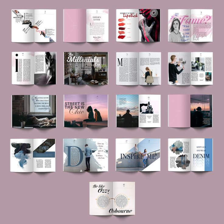 the inside pages of a magazine are spread out in different colors and font styles, including pink