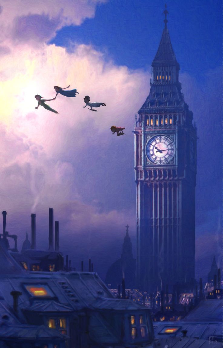 the clock tower is in the middle of an animated scene with tinkerbells flying over it