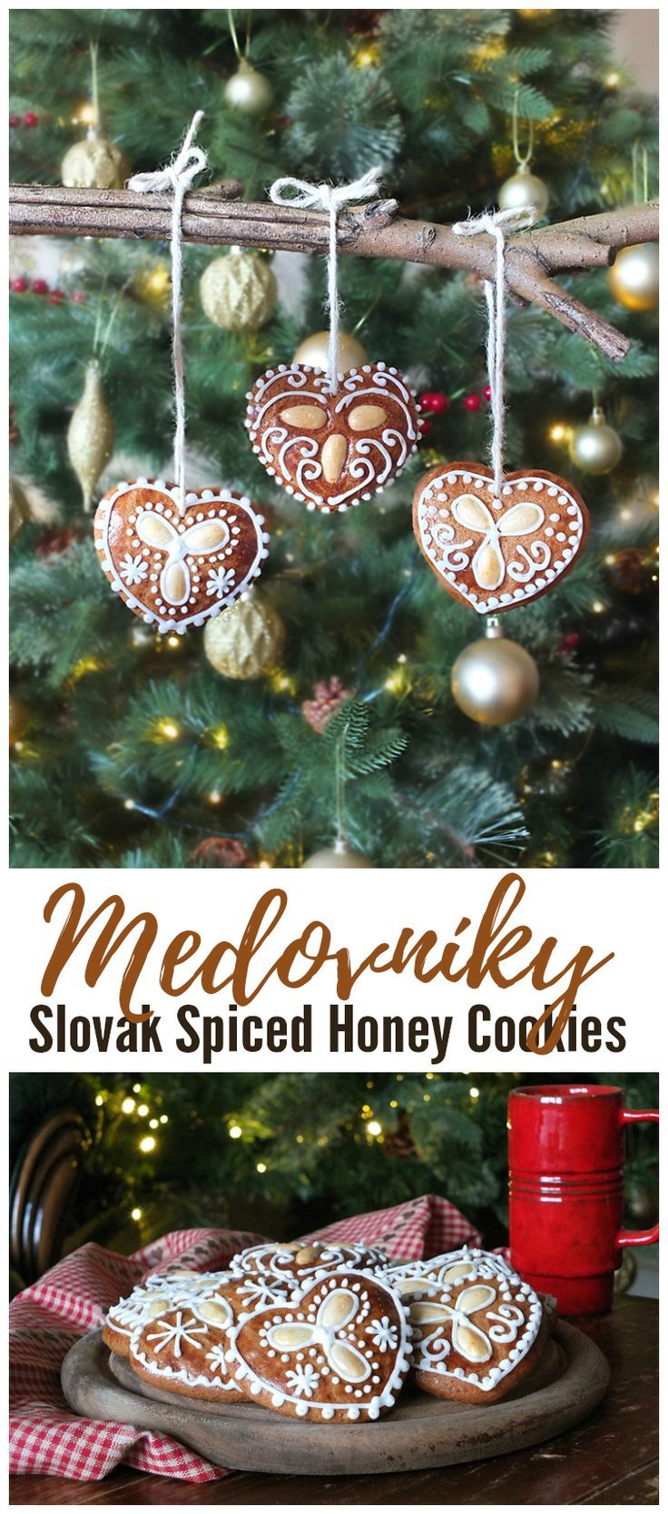 some cookies are hanging from a tree with ornaments on it and the words medeonky slovak spiced honey cookies