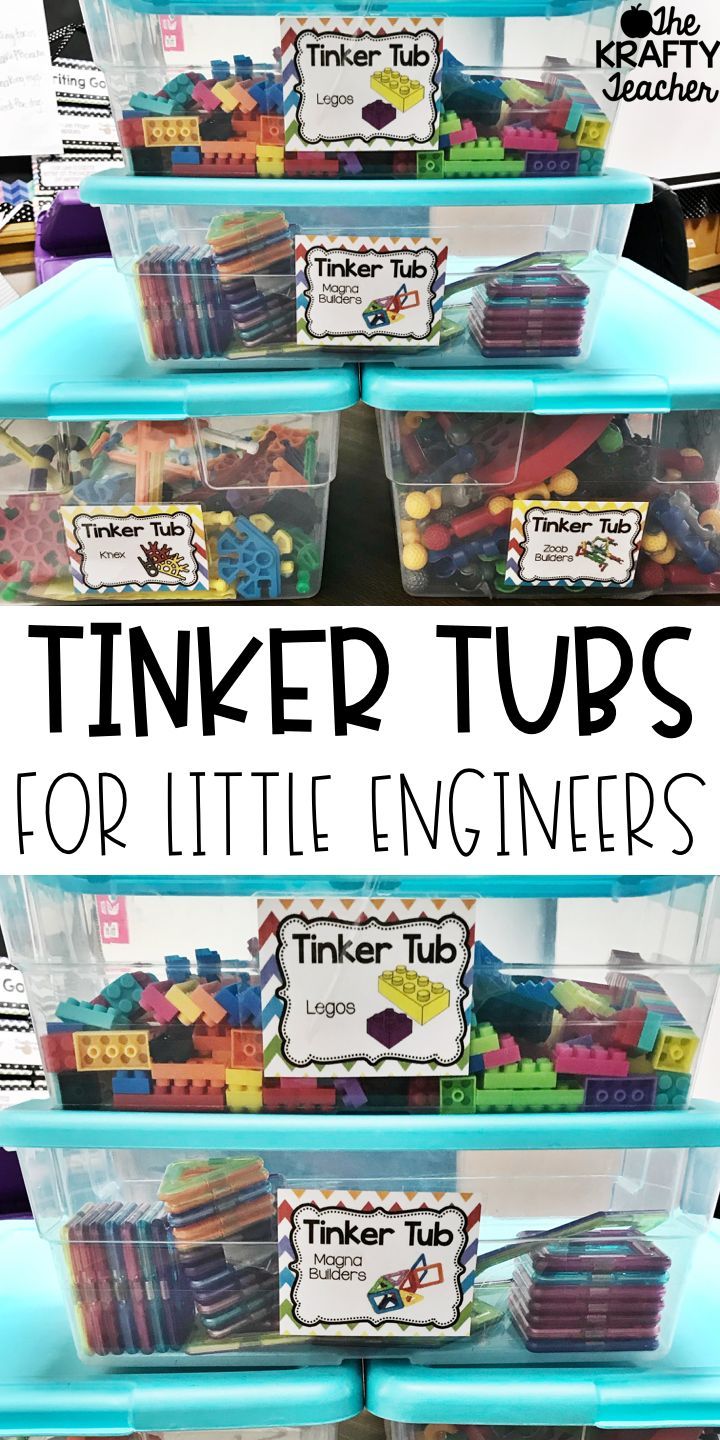 three plastic bins filled with different types of colored pencils, and the words tinker tub tips for little engineers