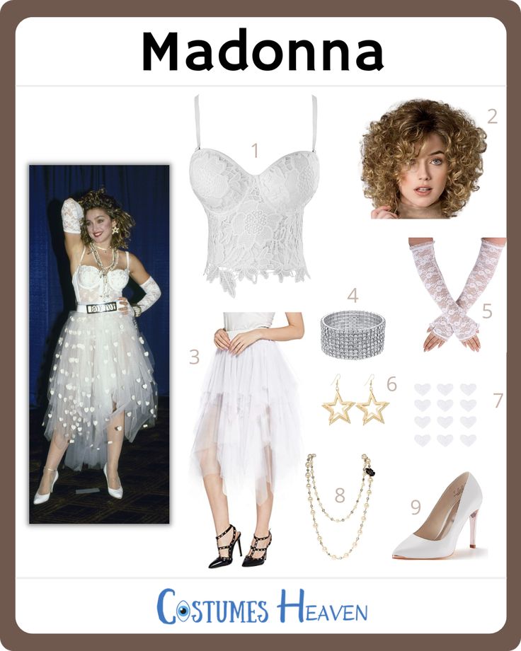 a woman in white dress and accessories with words above her that reads madonna costume heaven