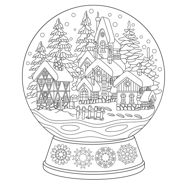 a snow globe with houses and trees in the background, outlined on a white background