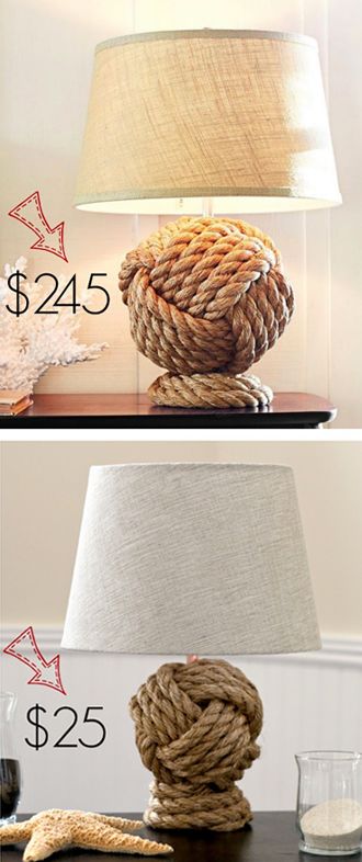 a lamp that is on top of a table next to a rope wrapped lamp shade