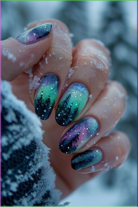 Northern Light Inspired Nails, Northern Lights Inspired Nails, Aurora Borealis Nails Design, Aurora Gel Nails, Northern Light Nail Art, Iceland Nails Designs, Green Blue Ombre Nails, Northern Lights Nail Designs, Aurora Borealis Nail Art