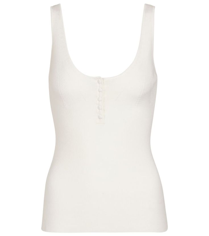 There's no better base layer than a white tank top like this Daphne style from Altuzarra. Made from finely ribbed wool and cashmere with a soft handle, it's cut to a slim silhouette with a low scoop neck and pretty covered buttons. Layer yours under a denim jacket for effortless weekend style. White Ribbed Cashmere Tops, Elegant Fine Knit Tank Top, Elegant Stretch Fine Knit Tank Top, Elegant White Scoop Neck Tank Top, Chic Fitted Fine Knit Tank Top, Fitted Fine Knit Tank Top, Chic Ribbed Scoop Neck Camisole, Elegant Fitted Tank Top With Scoop Neck, Elegant Scoop Neck Seamless Tank Top