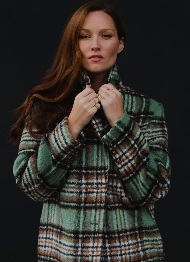 Long plaid coat 100% Polyester Two side pocket Plaid Long Sleeve Wool Coat For Fall, Long Sleeve Plaid Wool Coat For Fall, Plaid Wool Coat With Long Sleeves For Fall, Plaid Long Wool Coat For Fall, Plaid Long Coat With Pockets, Plaid Wool Coat For Winter, Plaid Outerwear For Cold Weather In Fall, Collared Plaid Winter Outerwear, Plaid Collared Outerwear For Winter