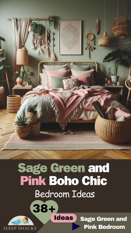 a bedroom with pink bedding and green walls in the background, text reads sage green and pink boho chic bedroom ideas