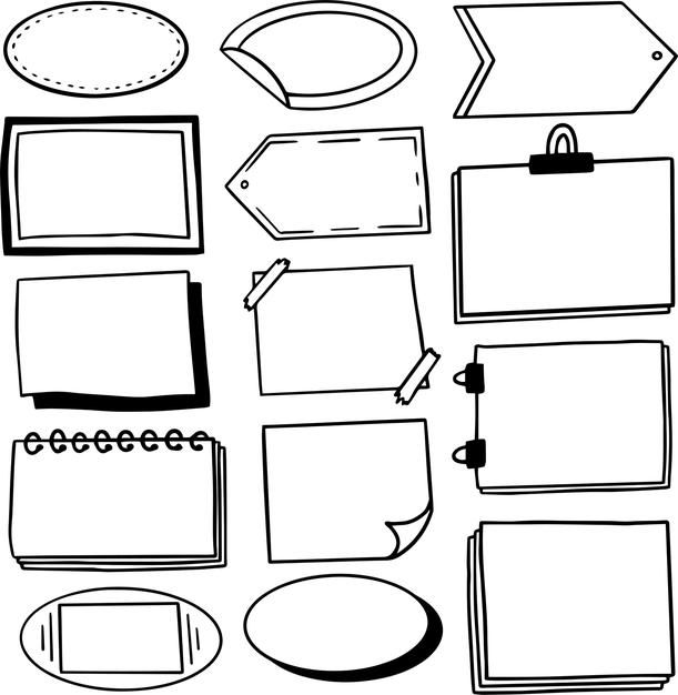 black and white drawing of different shapes and sizes of notebooks on a white background