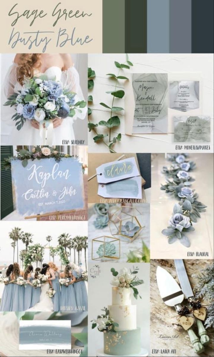 a collage of blue and green wedding color palettes with text that reads sage green, dusty blue