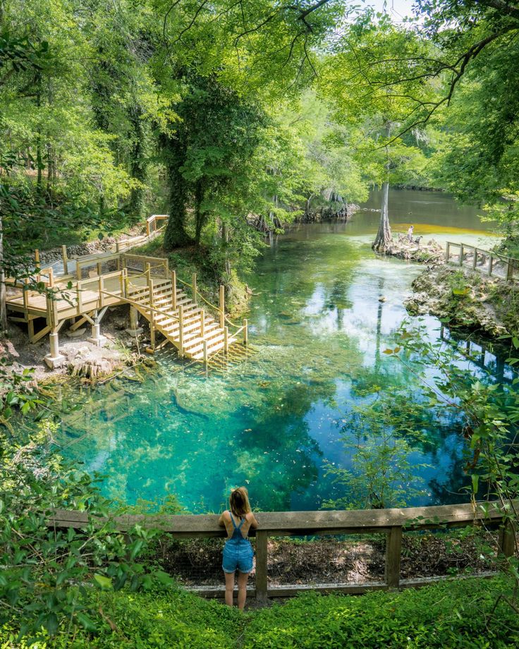 a woman standing on a bridge looking at the blue pool in pliture park