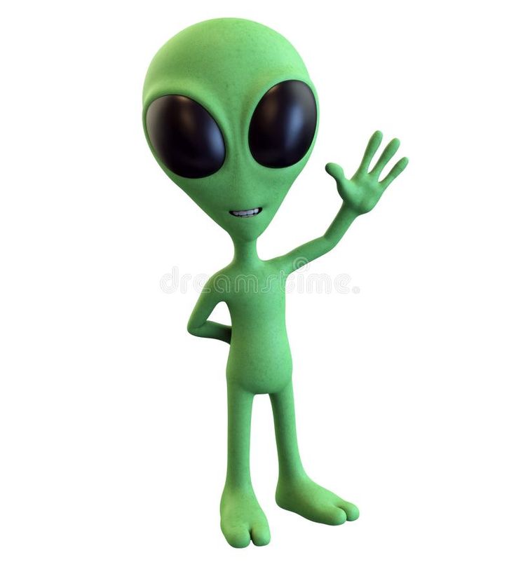 an alien with big eyes waving his hand up to the side on a white background