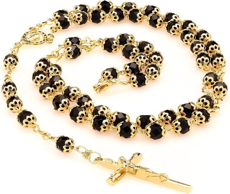 Rosary Necklace Black Crystal Prayer Beads 24K Real Gold Plated Black Necklaces With Round Gold Beads, Black Necklace With Gold Beads As Gift, Elegant Gold Beads With Black Details, Gold And Black Beads As Gift, Gold And Black Beads Gift, Gold Beads With Black Details As Gift, Spiritual Gold Necklace With Black Beads, Gold Jewelry With Round Black Beads, Yellow Gold Necklace With Black Round Beads