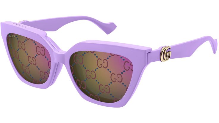 Gucci GG Logo sunglasses model GG1542S cat eye injection frame color code 002 shiny solid lilac with violet temple and clear with magnetic clip-on: shiny solid lilac front/ solid blue lens lens. Logo Sunglasses, Shapes Images, Blue Lens, Sunglasses Logo, Sunglasses Model, Eye Frames, Gg Logo, Ski Goggles, Blue Lenses