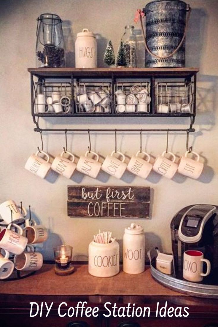 a coffee bar with cups and mugs hanging on the wall