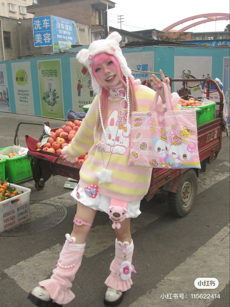 cyber y2k goth emo icon female cute asian lolita xiaohongshu pink Kawaii Festival Outfits, Pink Harajuku Fashion, Yellow Pink Outfit, Yellow And Pink Outfit, Decora Kei Outfits, Korean Outfits Aesthetic, Dress Leg Warmers, Outfit Inspo Korean, Harajuku Decora Kei