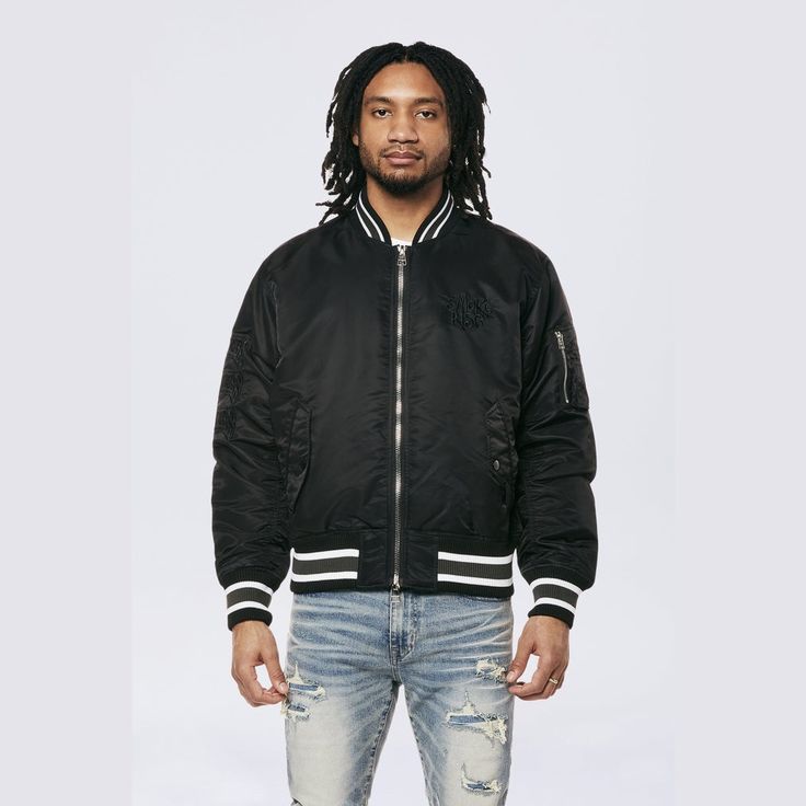 Smoke Rise Men's MA1 Bomber Jacket Black - Online Exclusive New York Streetwear, Korea Design, Heavy Jacket, Black Style, Team Colors, Everyday Outfits, Black Fashion, Going Out, Bomber Jacket