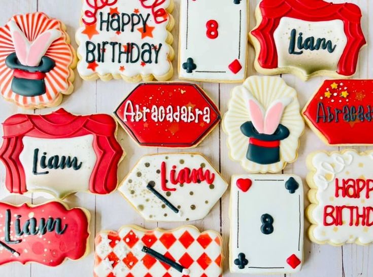 decorated cookies with happy birthday written on them are arranged in the shape of letters and numbers