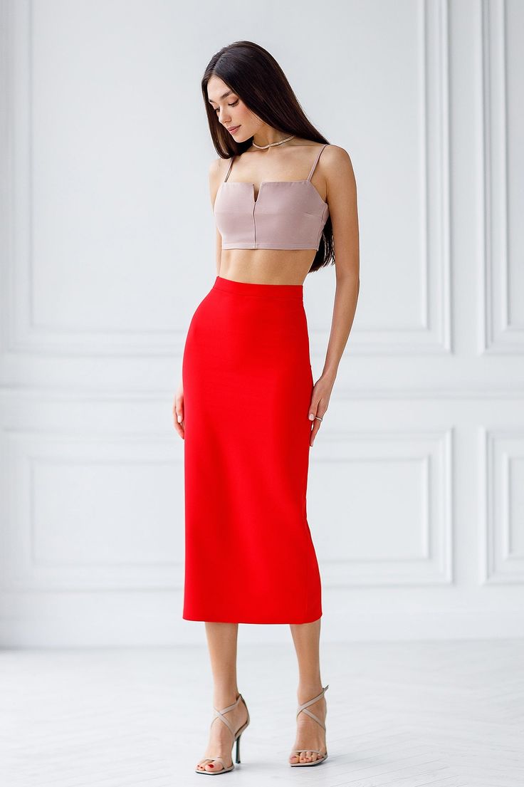 Fabric: high quality suiting fabric Available sizes: XS, S, M, L Color: Mocco, Green, Black, Red High Waist Pencil Skirt, Suiting Fabric, High Waisted Pencil Skirt, Red High, Black Friday Sale, Black Red, Pencil Skirt, High Waist, Pencil