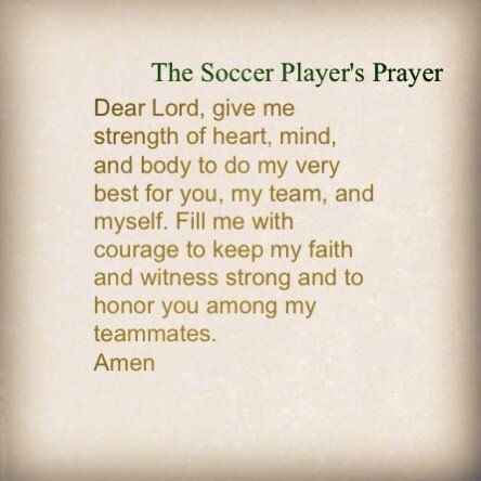 the soccer player's prayer is written in green and gold on a white background