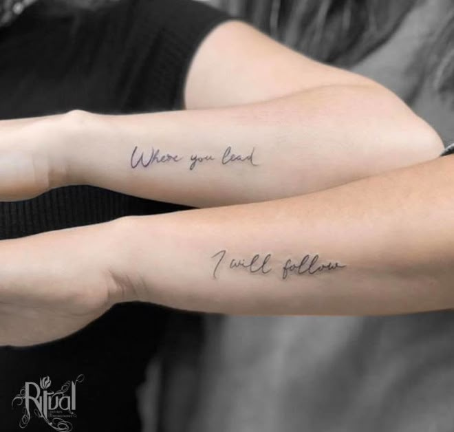 two people with tattoos on their arms that say where you are, i will follow