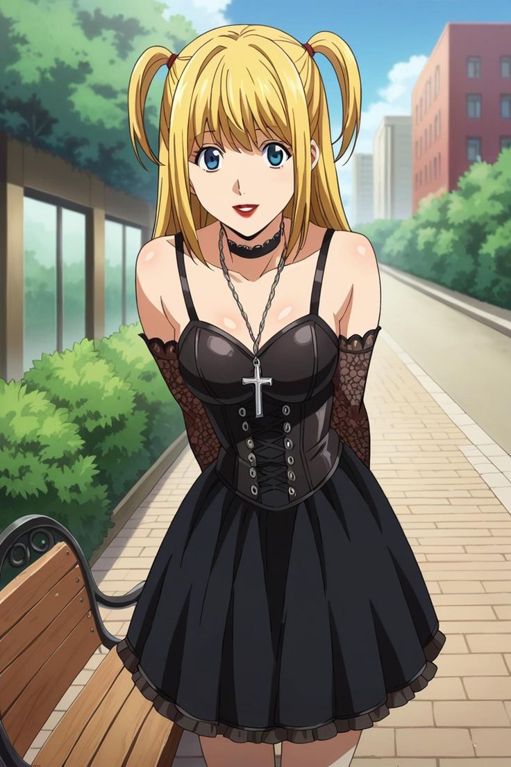 a woman in a corset standing next to a bench