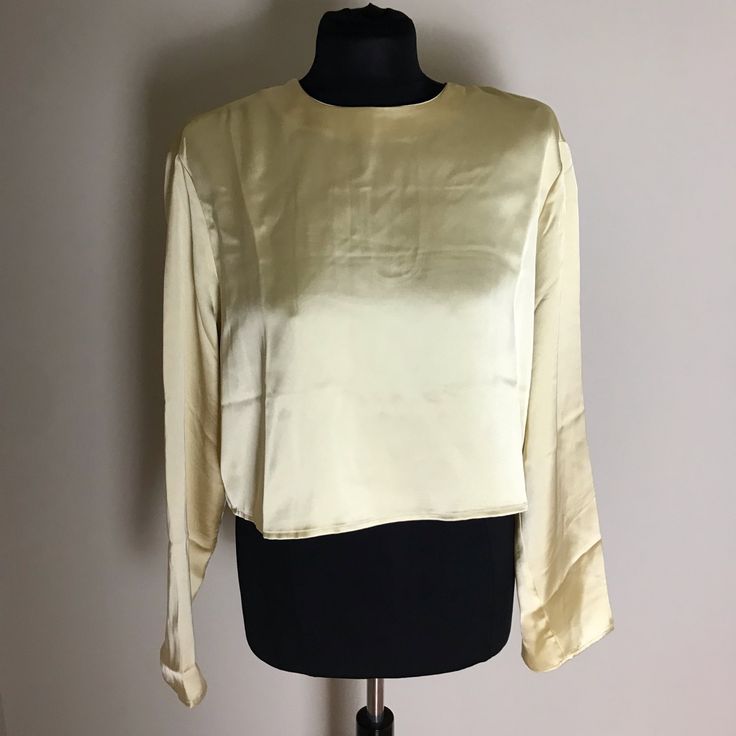 New With Tags H&M Yellow Satin Blouse. Long-Sleeve, Crop Length, Back Button Entrance Cream Silk Top For Workwear, Silk Long Sleeve Padded Blouse, Long Sleeve Silk Top In Solid Color, Long Sleeve Silk Tops In Solid Color, Classic Cropped Blouse For Daywear, Cream Long Sleeve Tops For Work, Long Sleeve Silk Tops For Spring, Silk Long Sleeve Top For Spring, H&m Long Sleeve Shirt For Work