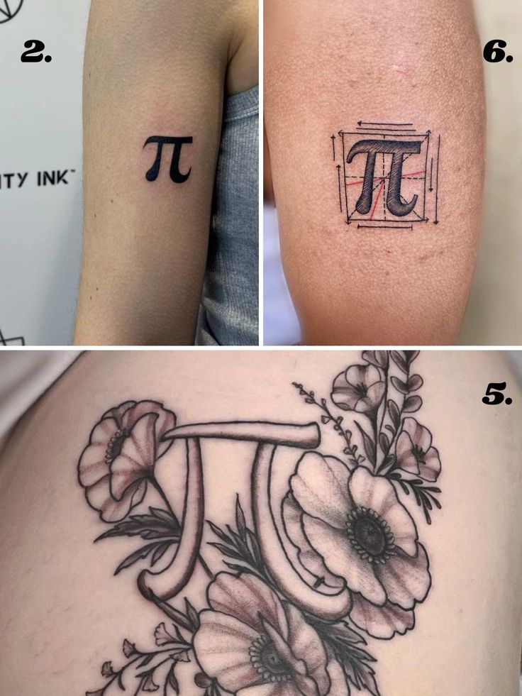 three different tattoos with flowers and pi on the side of their thighs, one in black ink