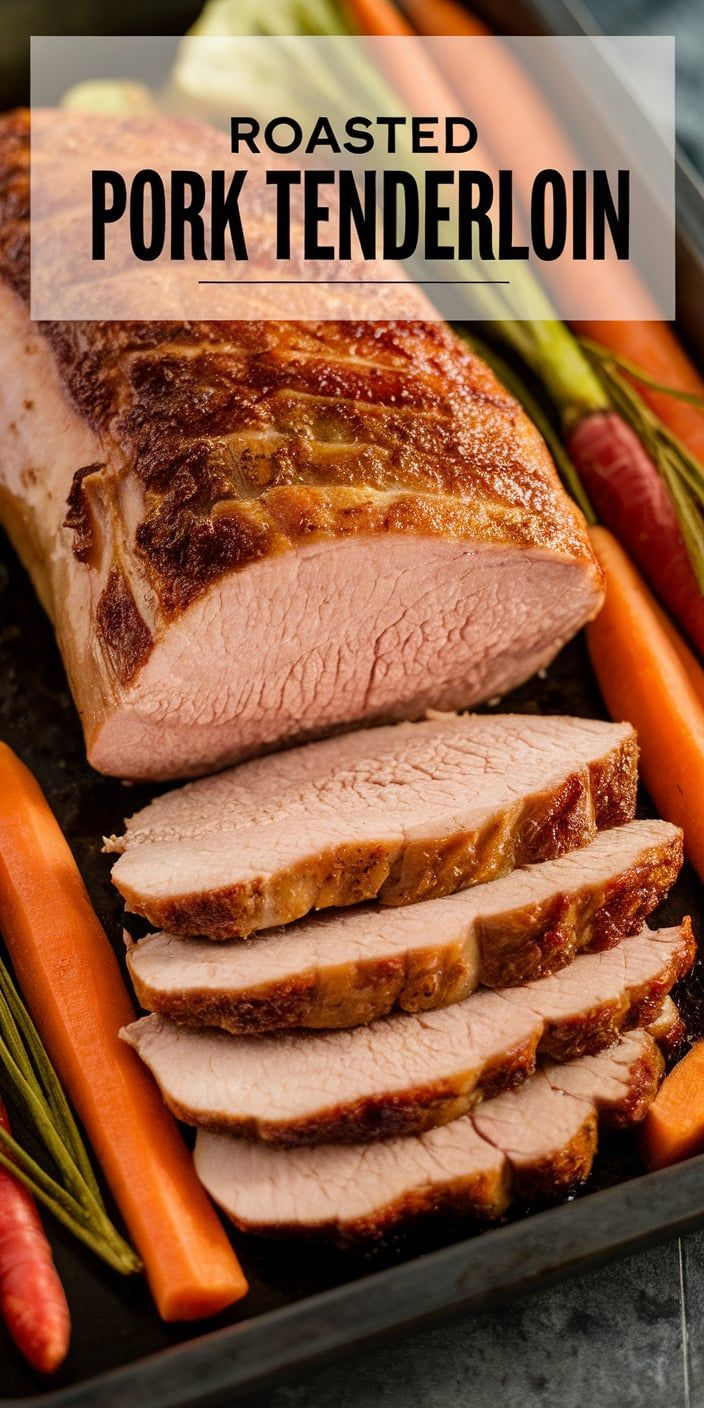 sliced pork tenderloin in a roasting pan with carrots and celery